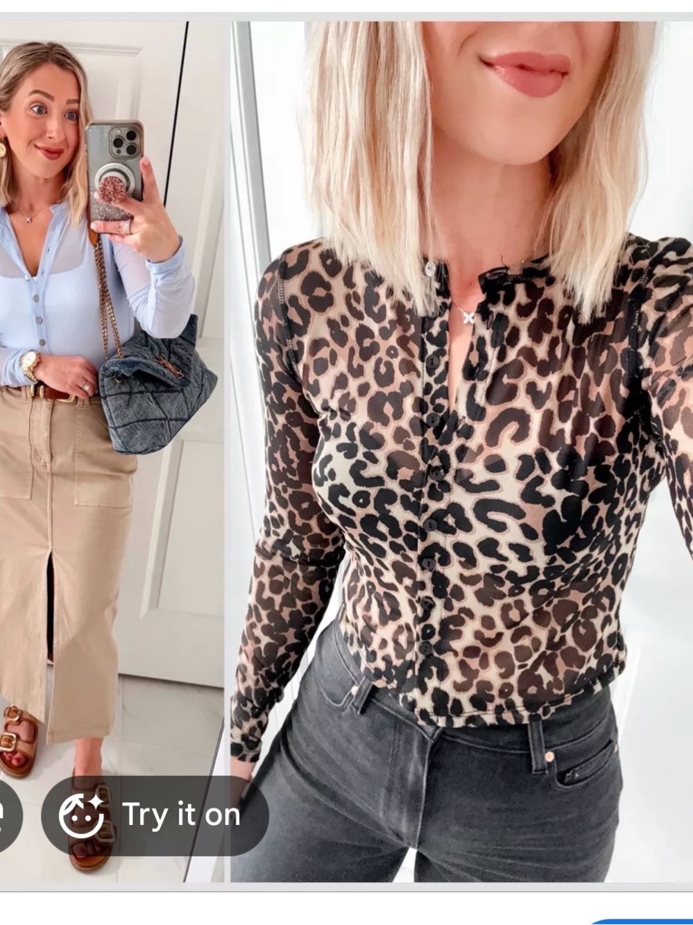 Leopard Print Mesh Button-Front Long Sleeve Top
